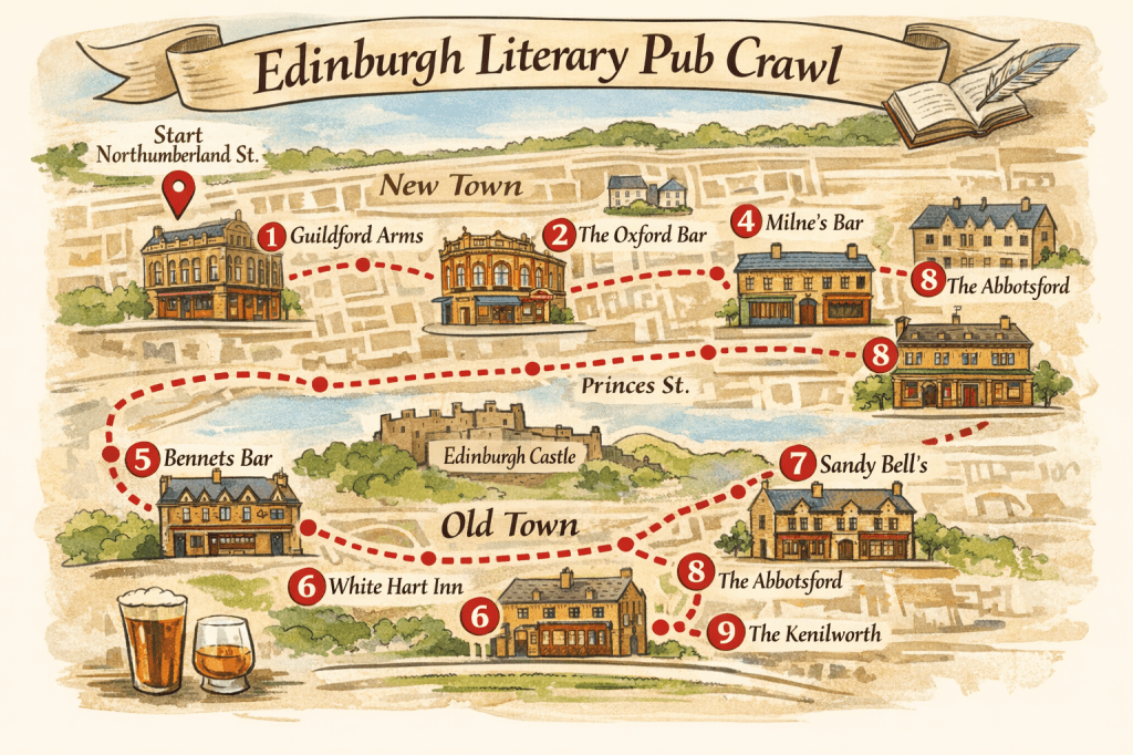 A different way to experience Edinburgh: through its pubs, its writers, and the stories in between. This literary pub crawl links nine historic spots across the city, each with its own connection to Scotland’s rich storytelling tradition. From Victorian haunts to places tied to Robert Burns and Ian Rankin, it’s an itinerary designed for those who’ve already seen the castle — and want something with a bit more character (and a good pint).