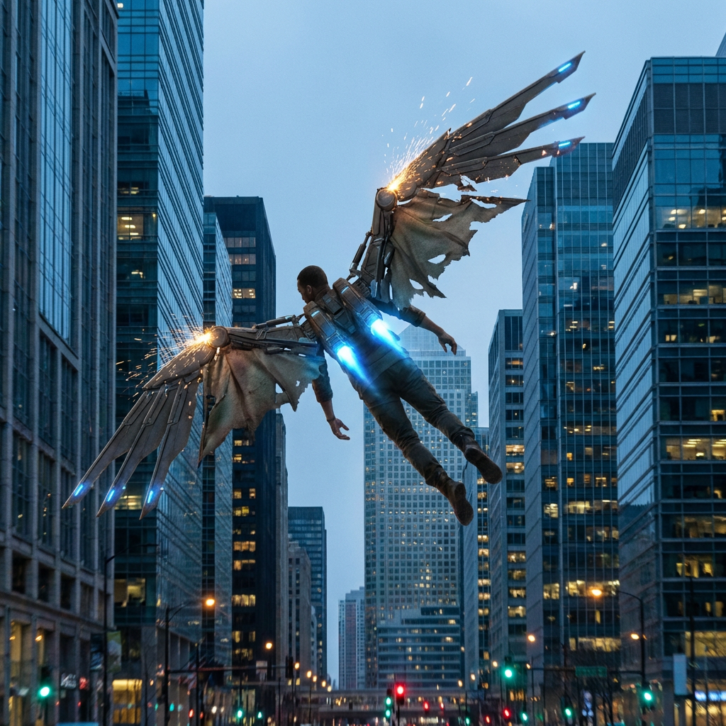 Man flying between city skyscrapers using large mechanical wings and blue jet thrusters.