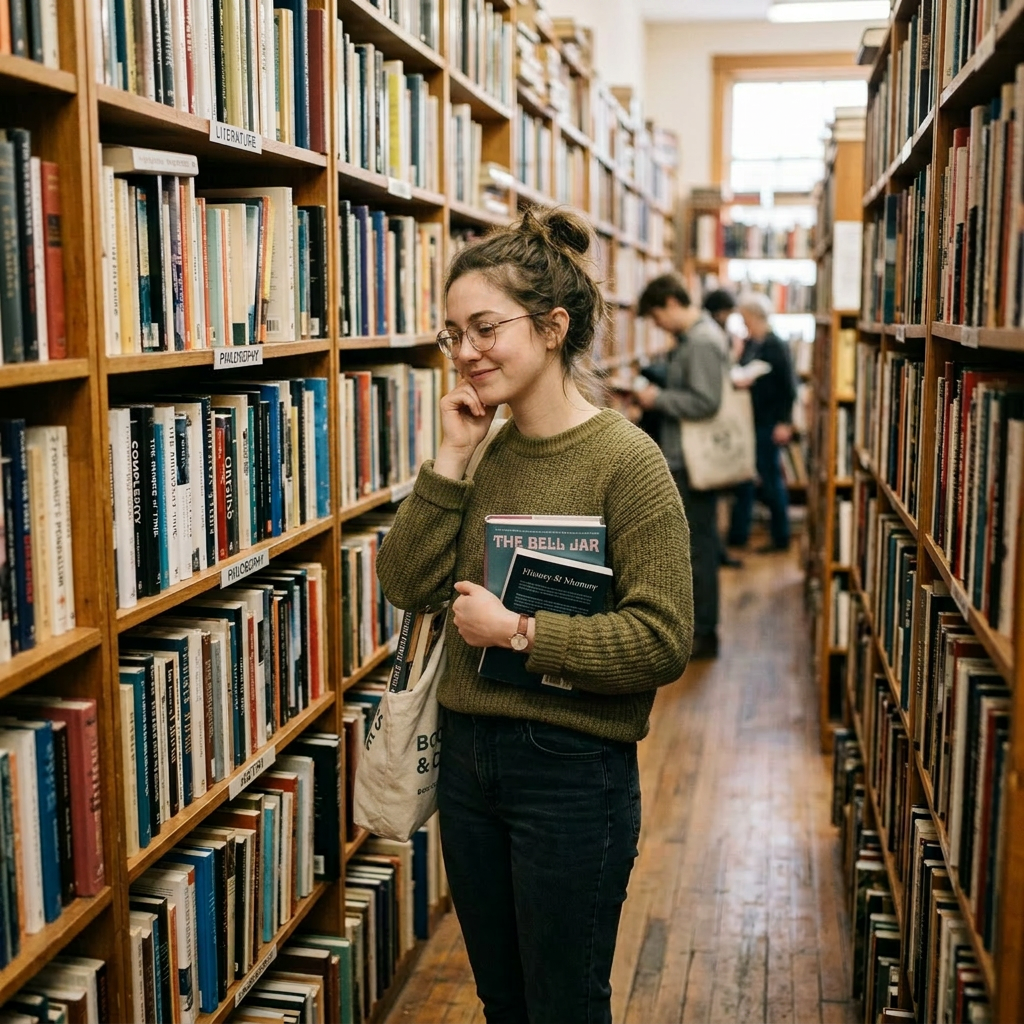 Young woman standing in a library aisle, holding books and looking at shelves